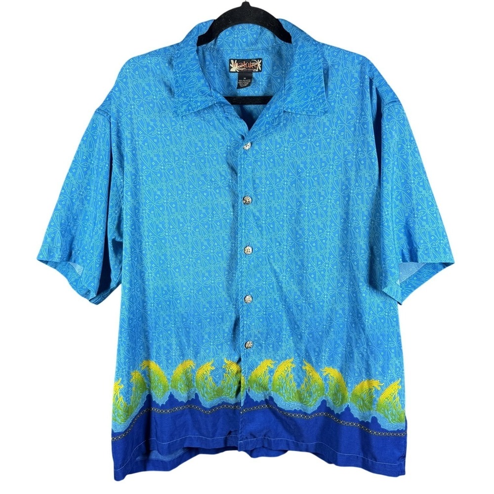 Maluku Button‎ Up Shirt Mens Medium Blue Allover Print Short Sleeve